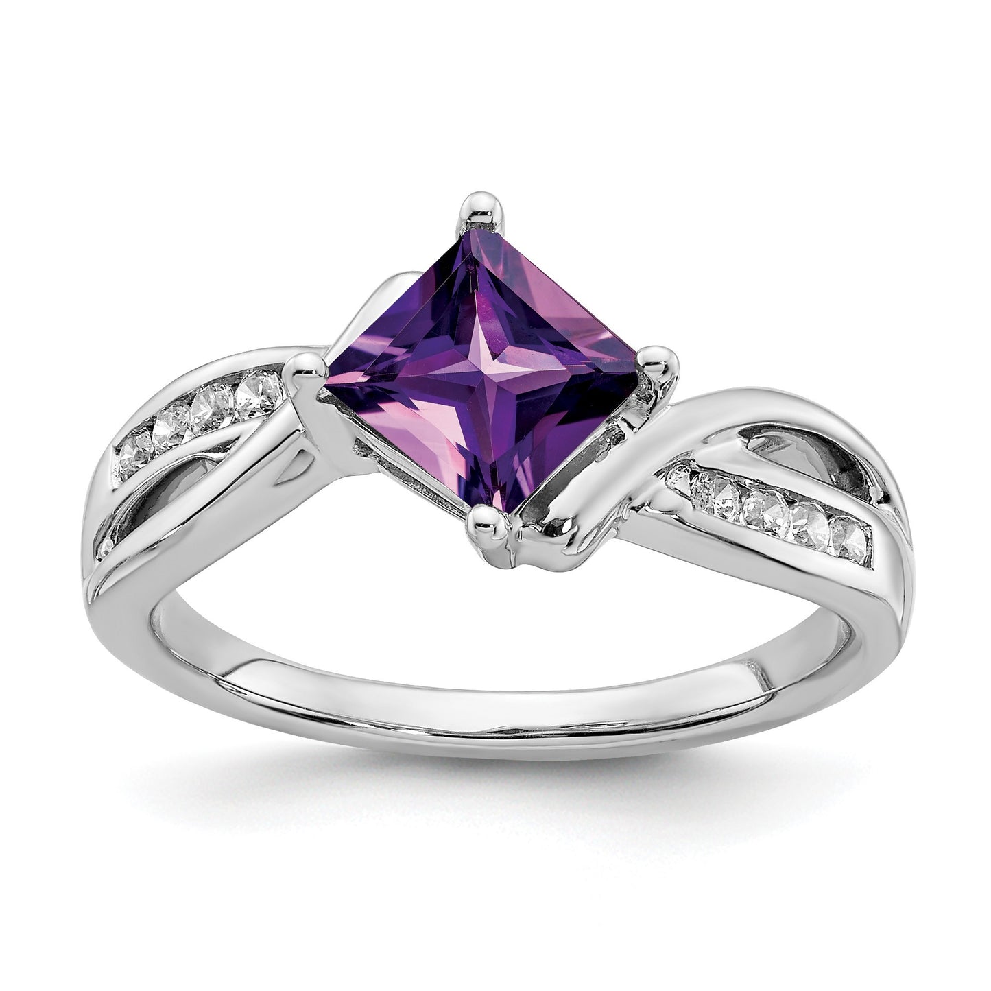 14k White Gold 6mm Square Amethyst and 1/8 carat Diamond Ring
