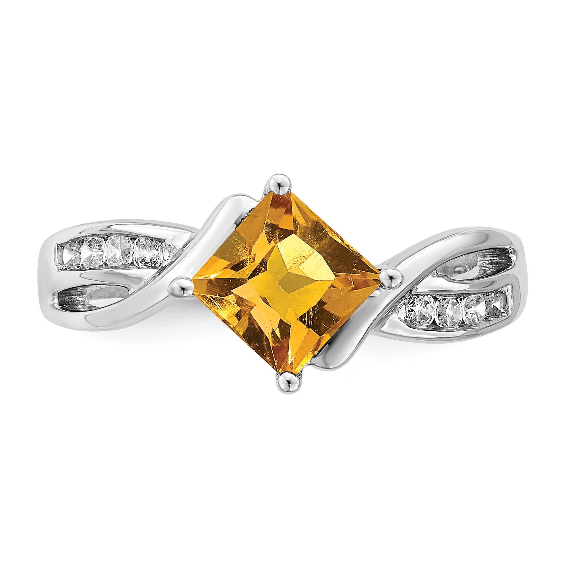 14k White Gold 6mm Square  Citrine and 1/8 carat Diamond Ring