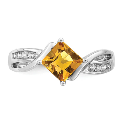 14k White Gold 6mm Square  Citrine and 1/8 carat Diamond Ring