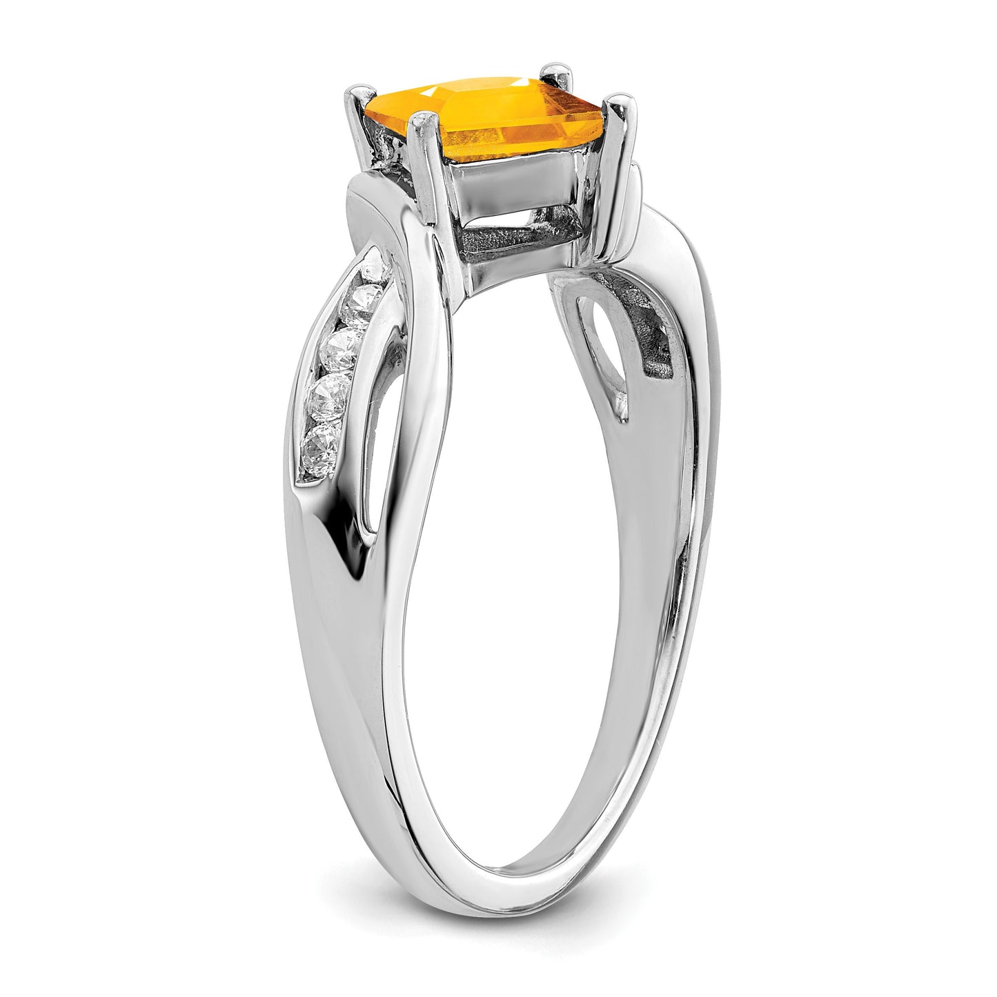 14k White Gold 6mm Square  Citrine and 1/8 carat Diamond Ring