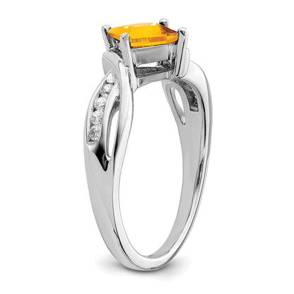 14k White Gold 6mm Square  Citrine and 1/8 carat Diamond Ring