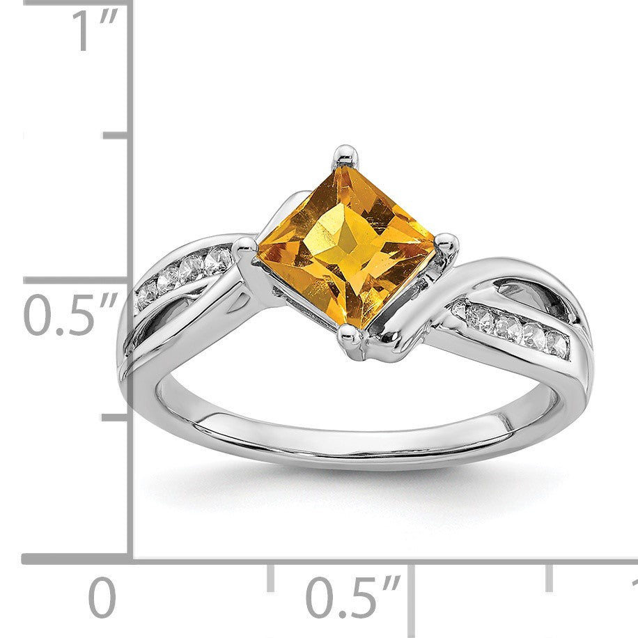 14k White Gold 6mm Square  Citrine and 1/8 carat Diamond Ring