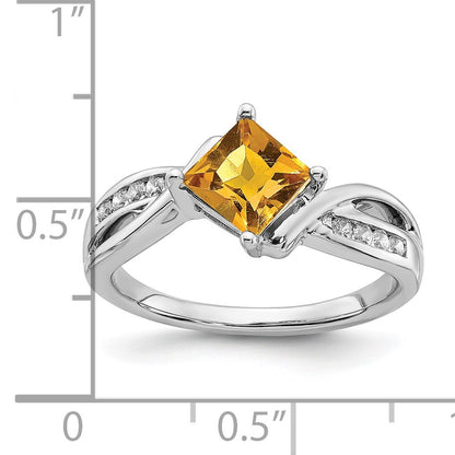 14k White Gold 6mm Square  Citrine and 1/8 carat Diamond Ring