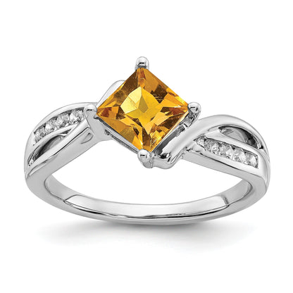 14k White Gold 6mm Square  Citrine and 1/8 carat Diamond Ring