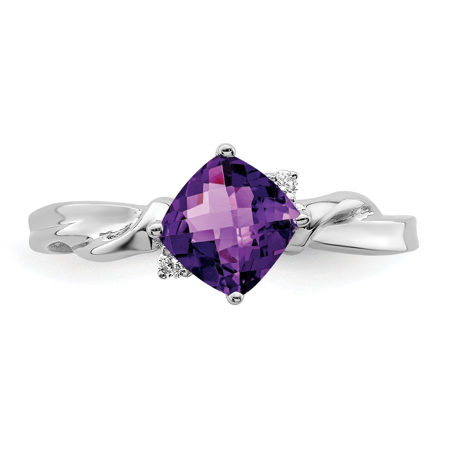 14k White Gold 6mm Cushion Amethyst and Diamond Ring