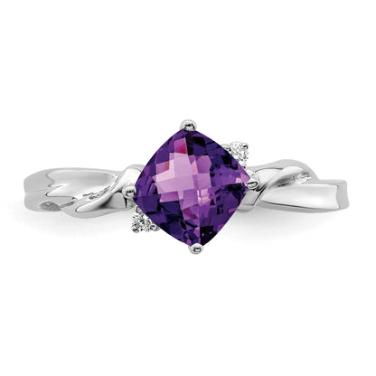 14k White Gold 6mm Cushion Amethyst and Diamond Ring