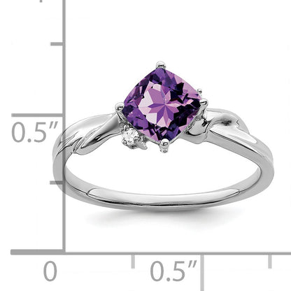 14k White Gold 6mm Cushion Amethyst and Diamond Ring