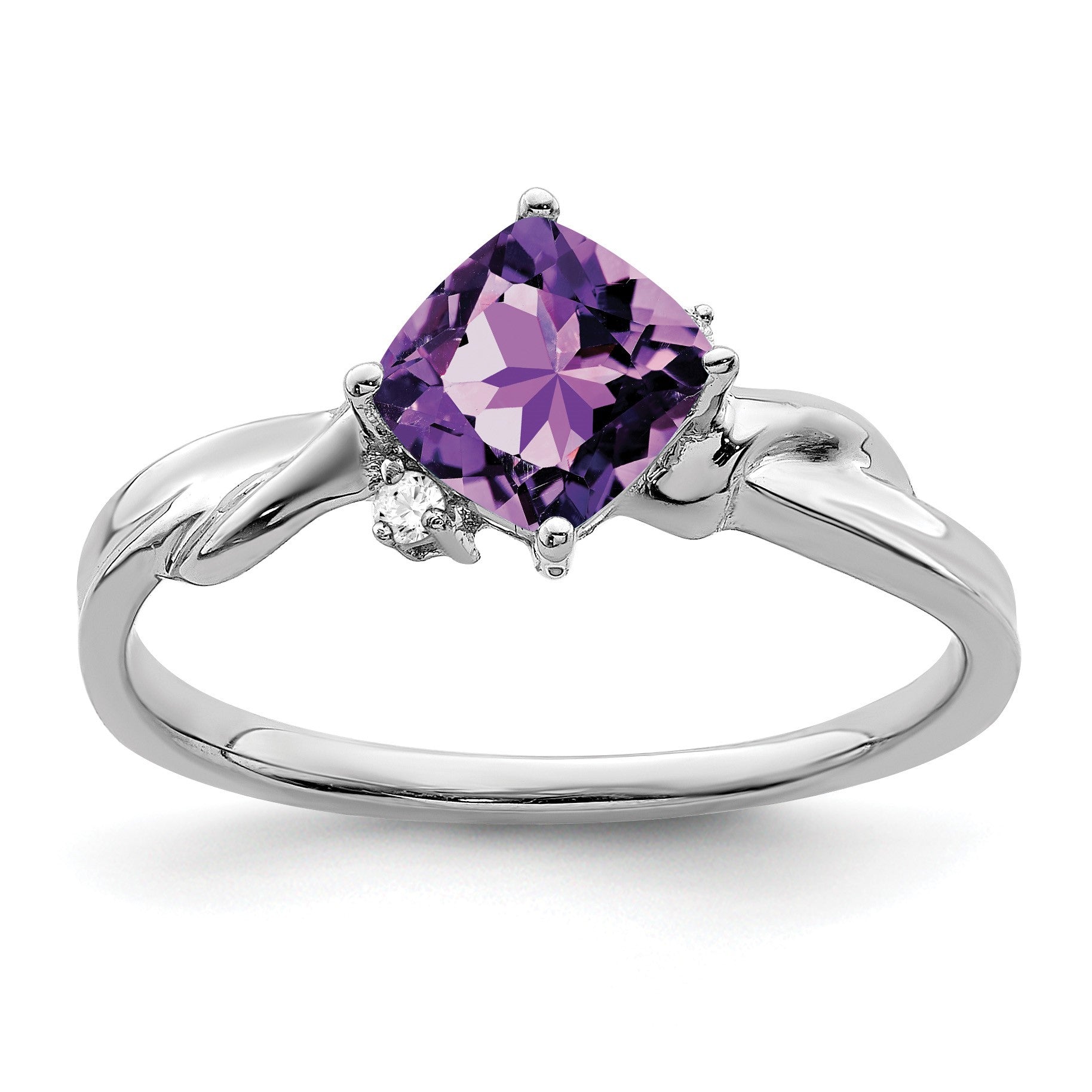 14k White Gold 6mm Cushion Amethyst and Diamond Ring