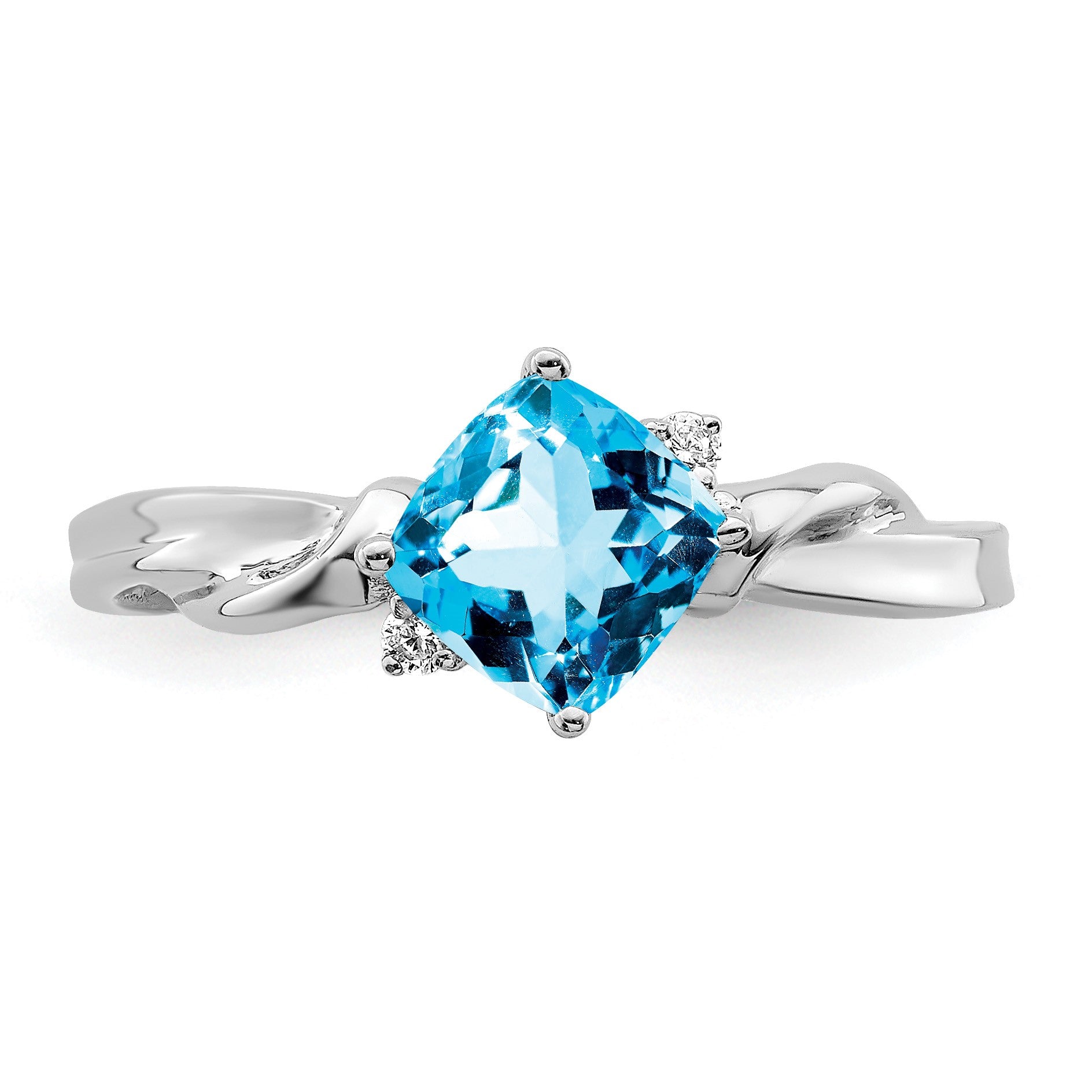 14k White Gold 6mm Cushion Blue Topaz and Diamond Ring