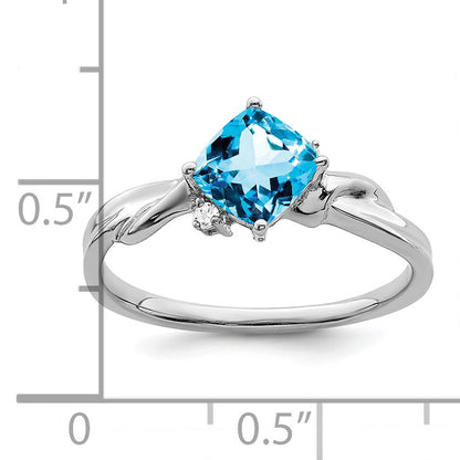 14k White Gold 6mm Cushion Blue Topaz and Diamond Ring