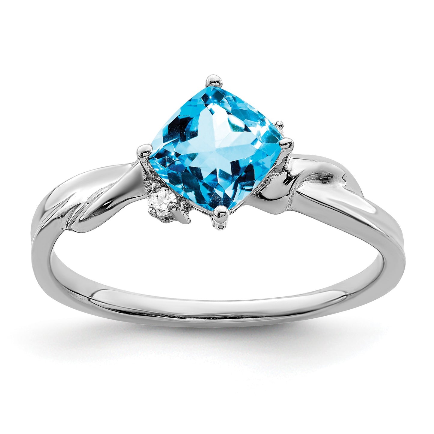14k White Gold 6mm Cushion Blue Topaz and Diamond Ring