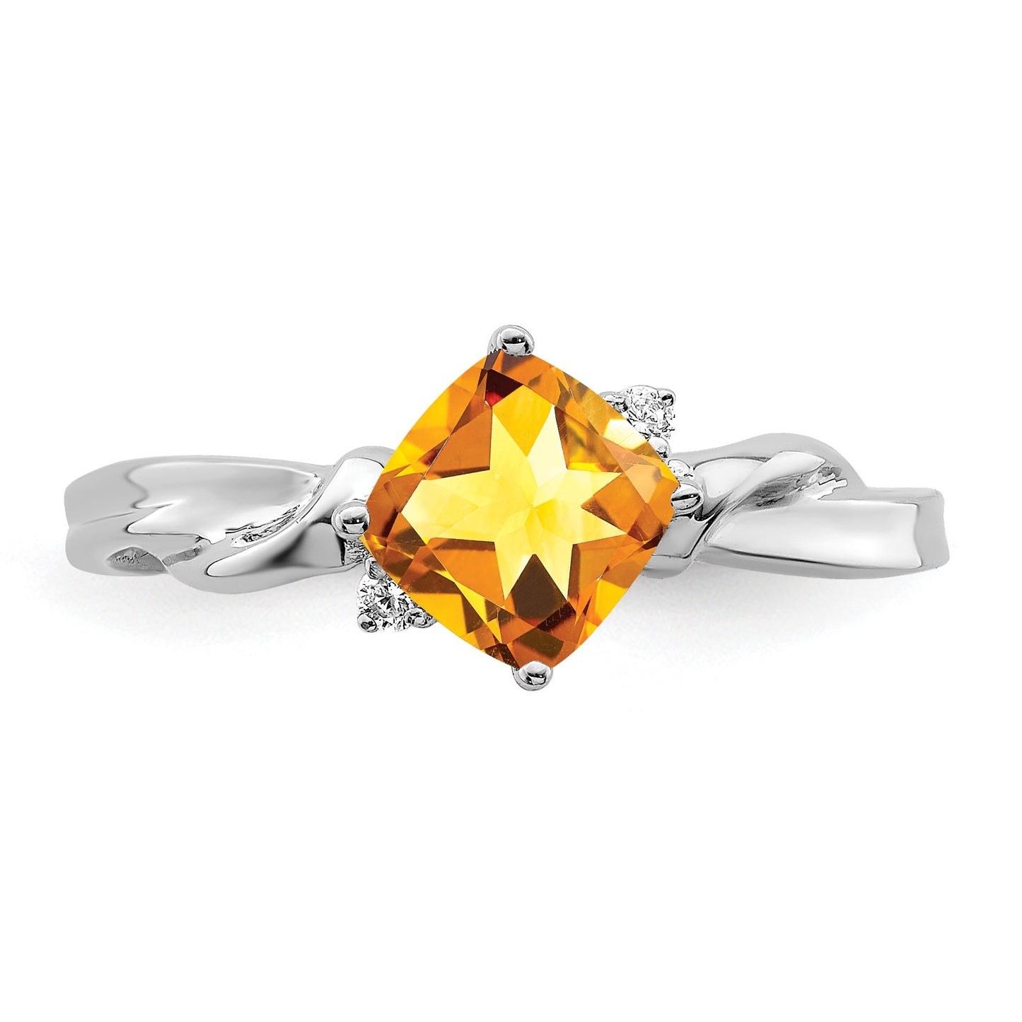 14k White Gold 6mm Cushion Citrine and Diamond Ring