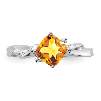 14k White Gold 6mm Cushion Citrine and Diamond Ring