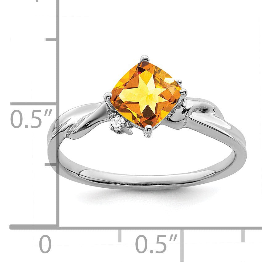 14k White Gold 6mm Cushion Citrine and Diamond Ring
