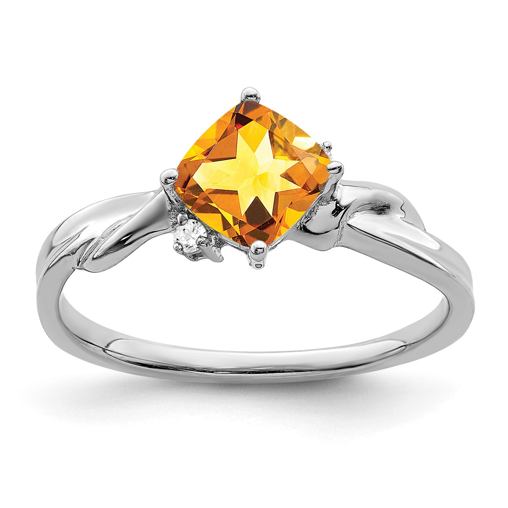 14k White Gold 6mm Cushion Citrine and Diamond Ring