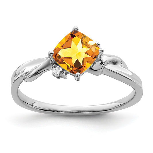 14k White Gold 6mm Cushion Citrine and Diamond Ring