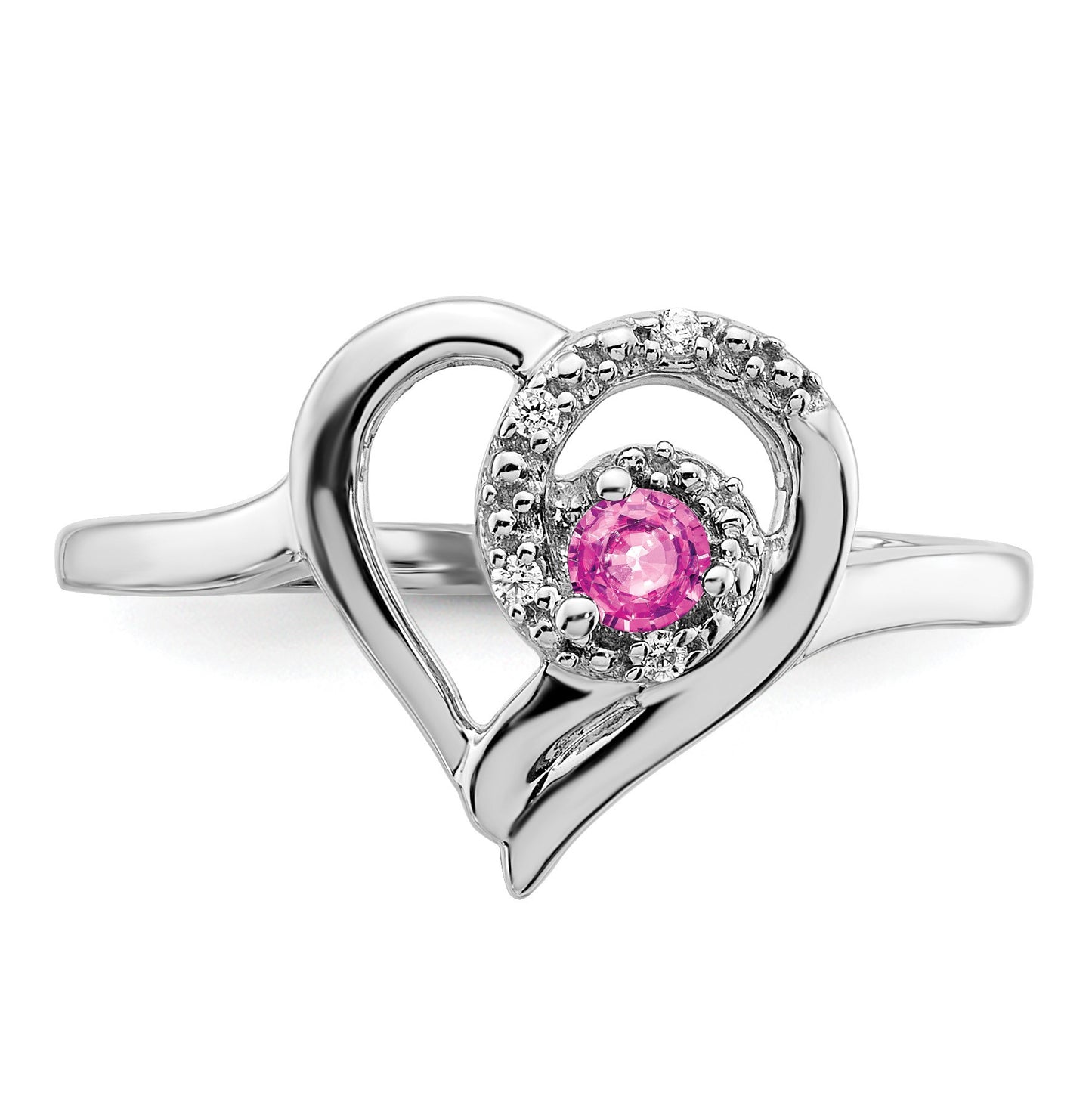 14k White Gold 2.8mm Round Lab-Created Pink Sapphire and Diamond Heart Ring