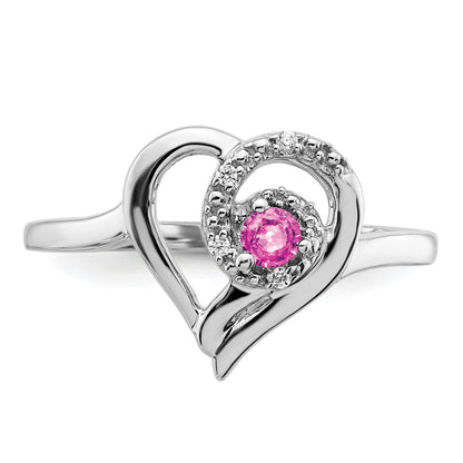 14k White Gold 2.8mm Round Lab-Created Pink Sapphire and Diamond Heart Ring