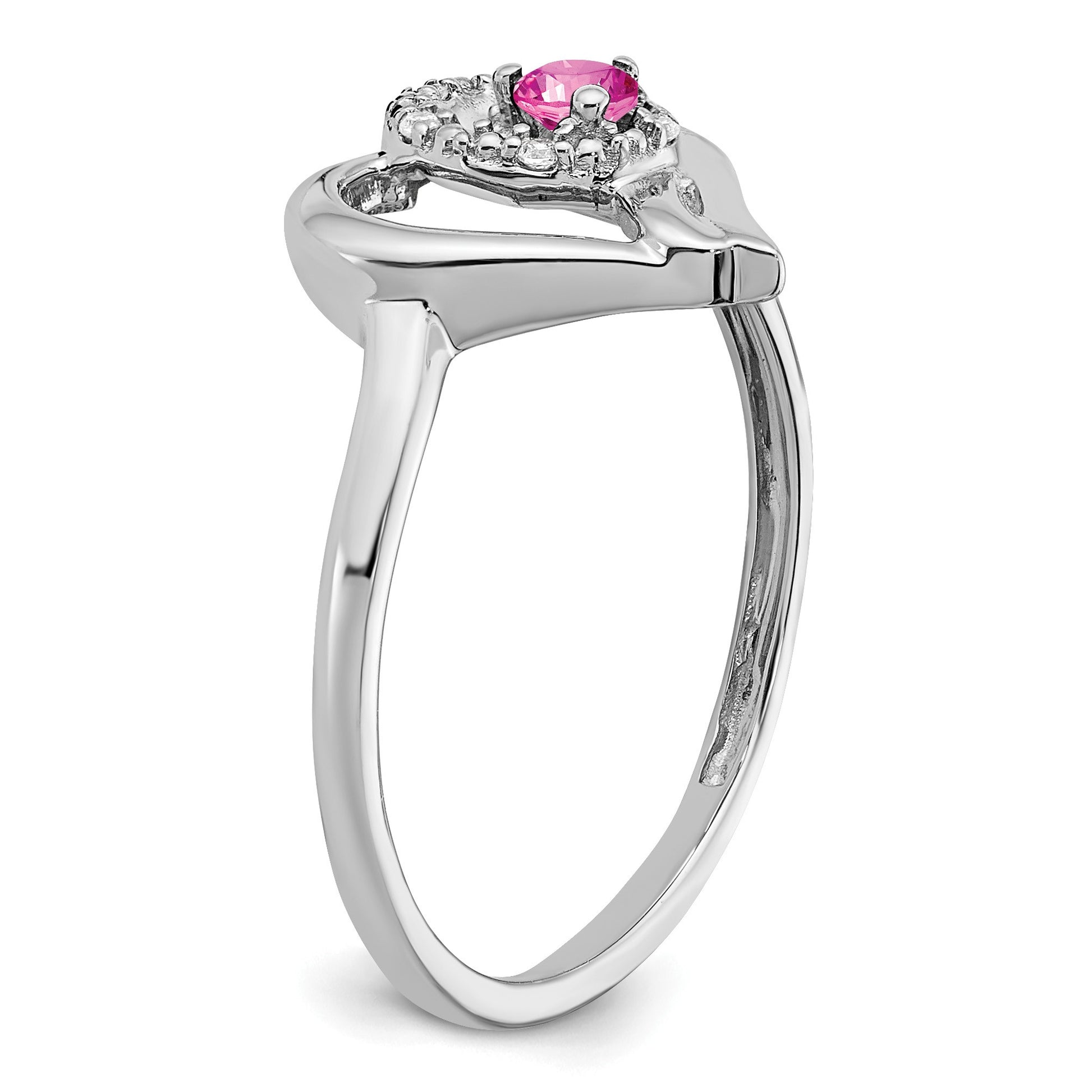 14k White Gold 2.8mm Round Lab-Created Pink Sapphire and Diamond Heart Ring