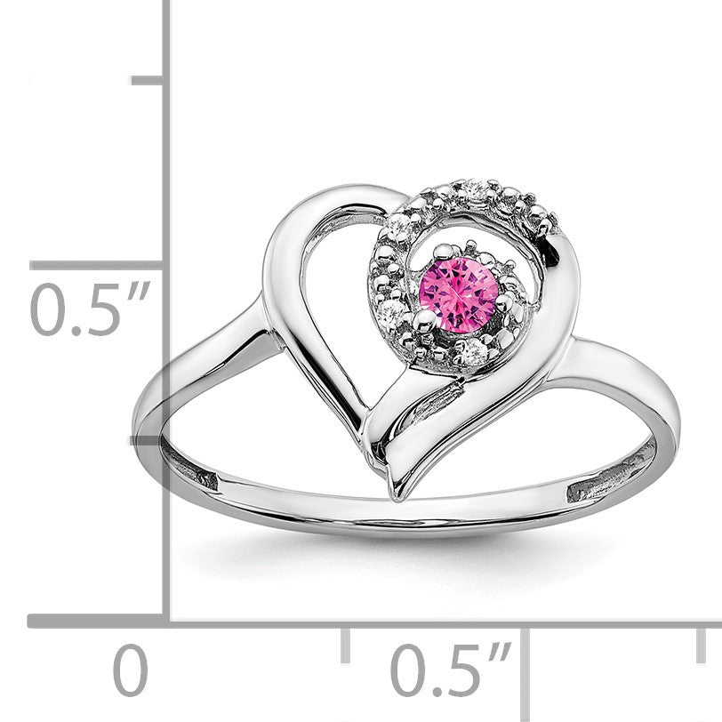 14k White Gold 2.8mm Round Lab-Created Pink Sapphire and Diamond Heart Ring