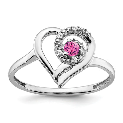 14k White Gold 2.8mm Round Lab-Created Pink Sapphire and Diamond Heart Ring