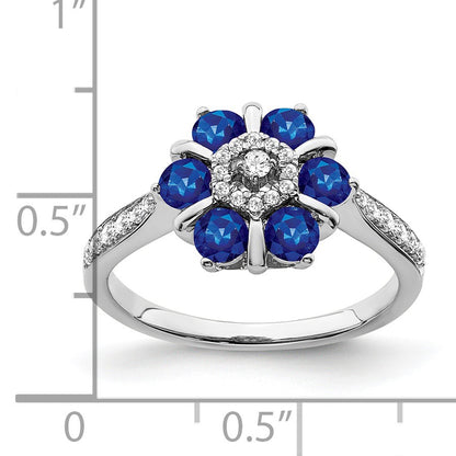14k White Gold Blue Sapphire and 1/5 carat Diamond Floral Ring