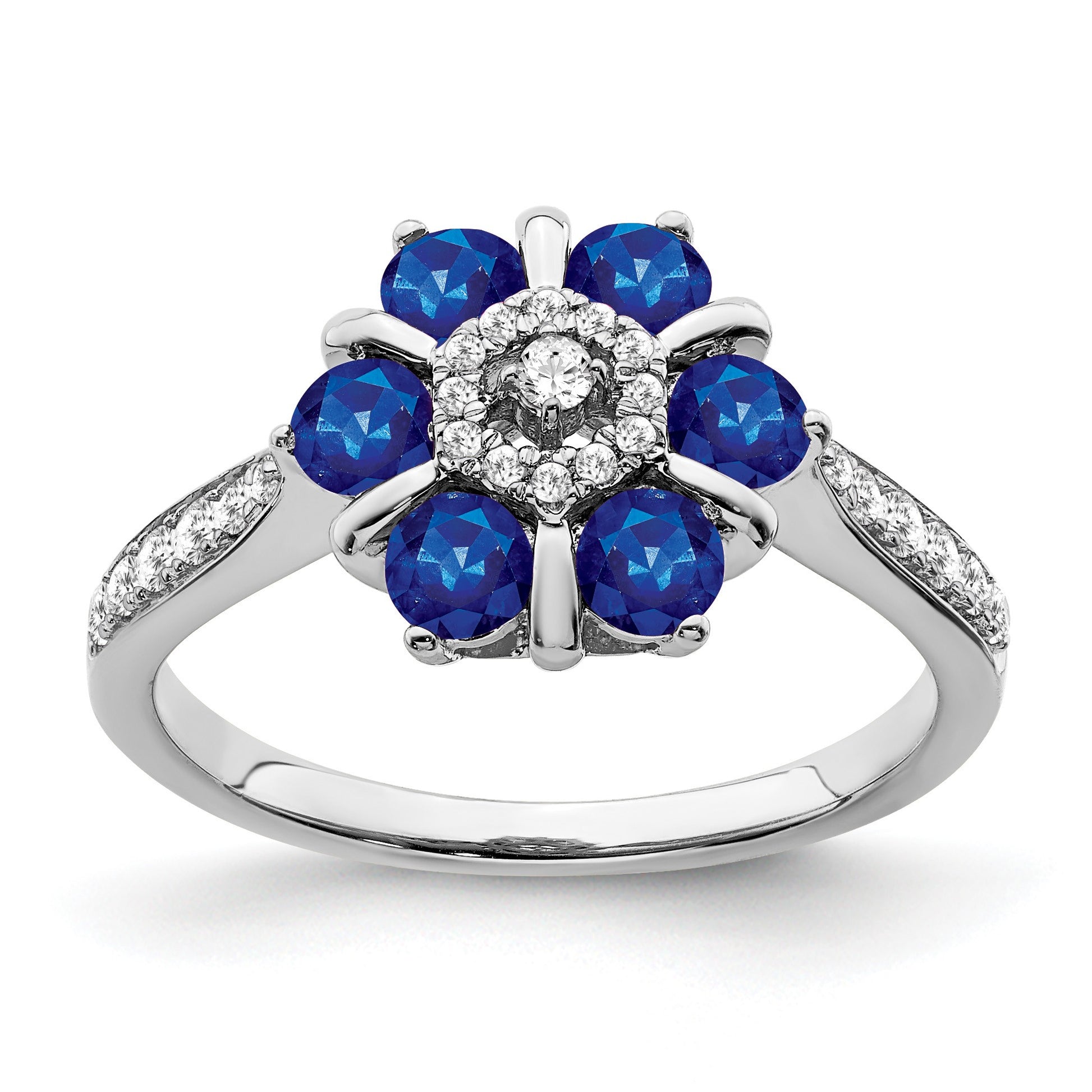 14k White Gold Blue Sapphire and 1/5 carat Diamond Floral Ring