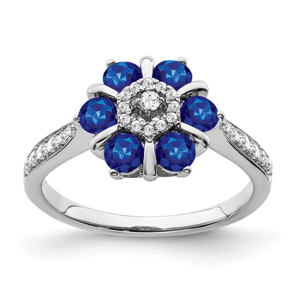 14k White Gold Blue Sapphire and 1/5 carat Diamond Floral Ring