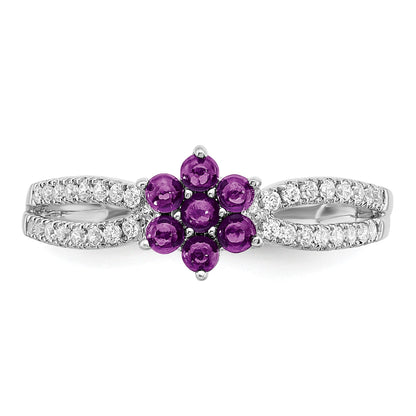 14k White Gold Amethyst and 1/5 carat Diamond Floral Ring
