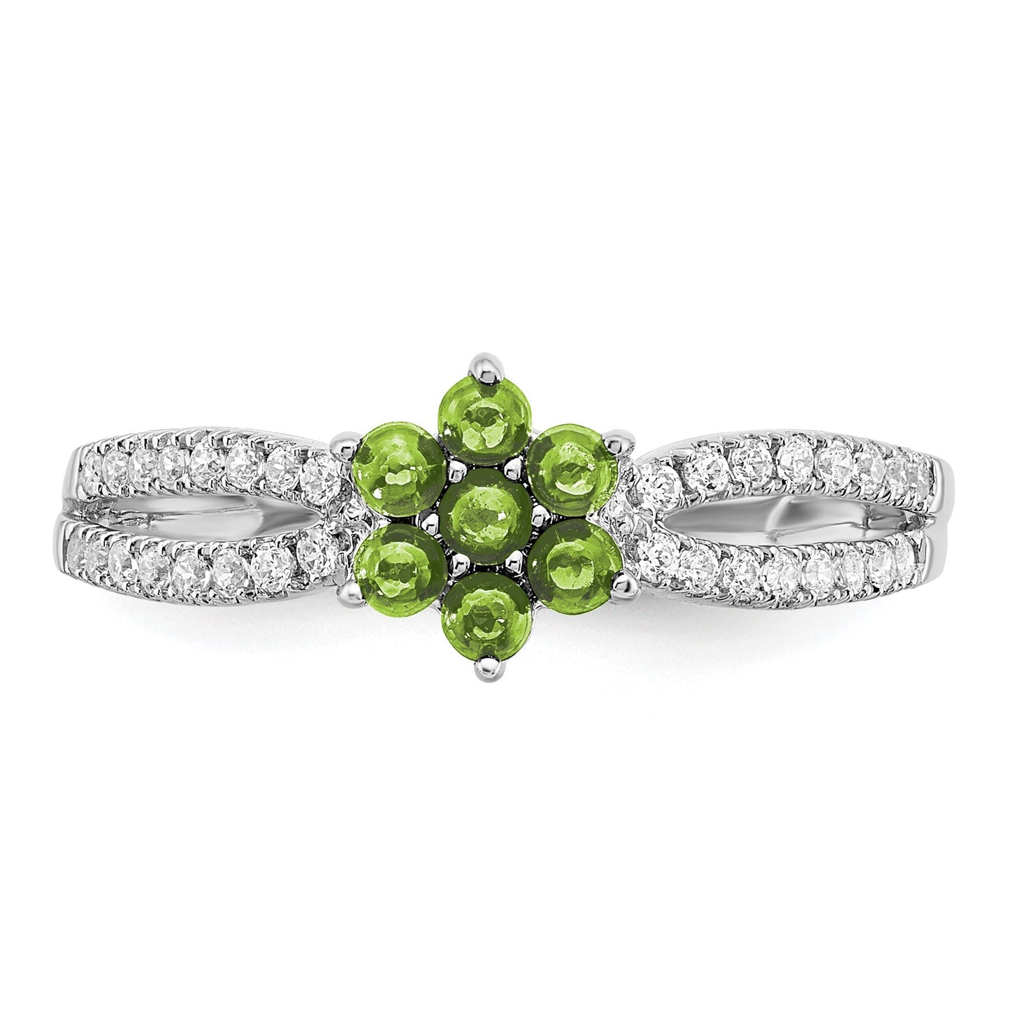 14k White Gold Peridot Cabochon and 1/5 carat Diamond Floral Ring