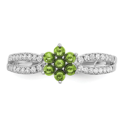 14k White Gold Peridot Cabochon and 1/5 carat Diamond Floral Ring