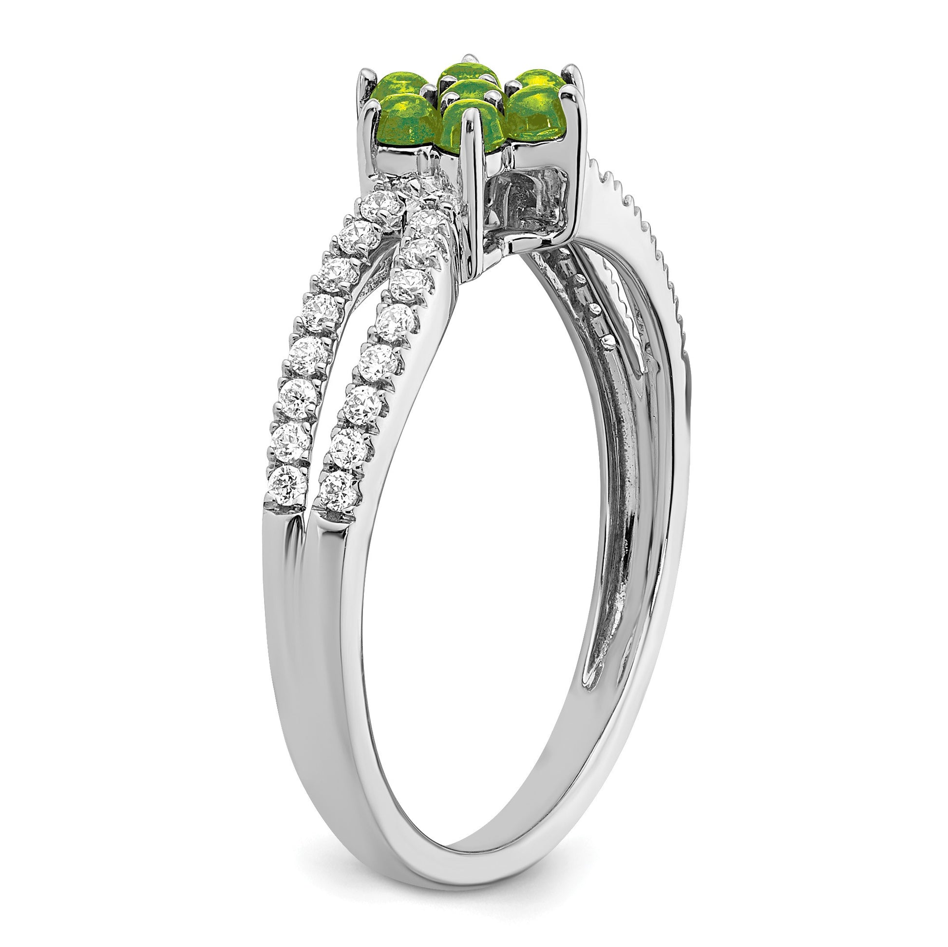 14k White Gold Peridot Cabochon and 1/5 carat Diamond Floral Ring