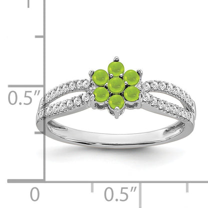 14k White Gold Peridot Cabochon and 1/5 carat Diamond Floral Ring