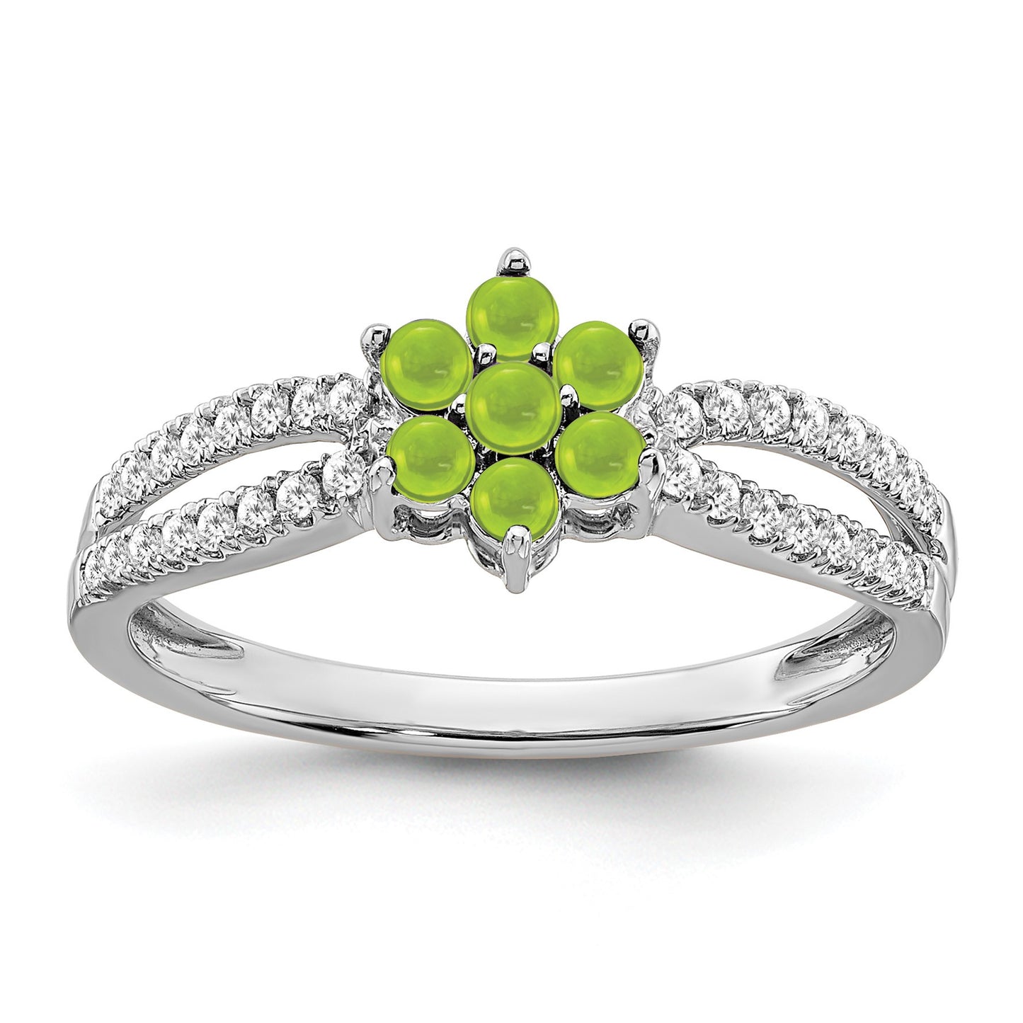 14k White Gold Peridot Cabochon and 1/5 carat Diamond Floral Ring
