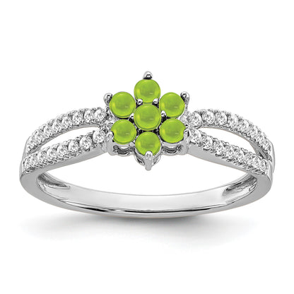 14k White Gold Peridot Cabochon and 1/5 carat Diamond Floral Ring