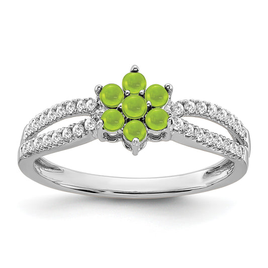 14k White Gold Peridot Cabochon and 1/5 carat Diamond Floral Ring