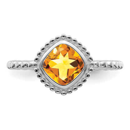 14k White Gold 6.5mm Cushion Citrine Bezel Ring