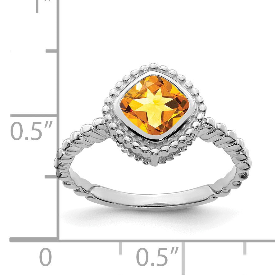 14k White Gold 6.5mm Cushion Citrine Bezel Ring