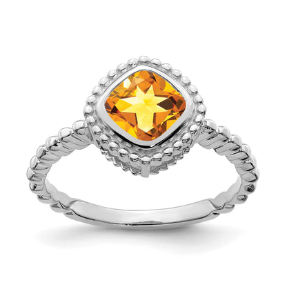 14k White Gold 6.5mm Cushion Citrine Bezel Ring