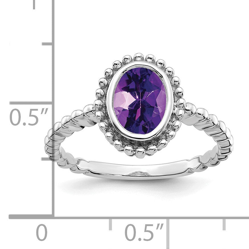 14k White Gold 8x6mm Oval Amethyst Bezel Ring