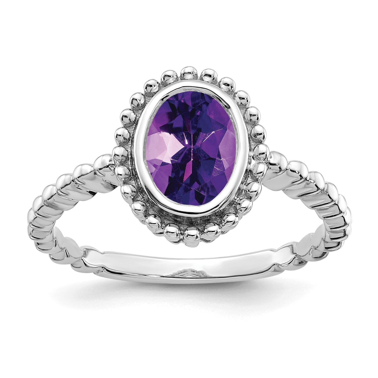 14k White Gold 8x6mm Oval Amethyst Bezel Ring