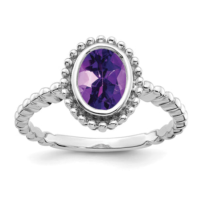 14k White Gold 8x6mm Oval Amethyst Bezel Ring