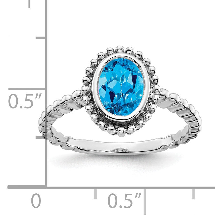 14k White Gold 8x6mm Oval Blue Topaz Bezel Ring