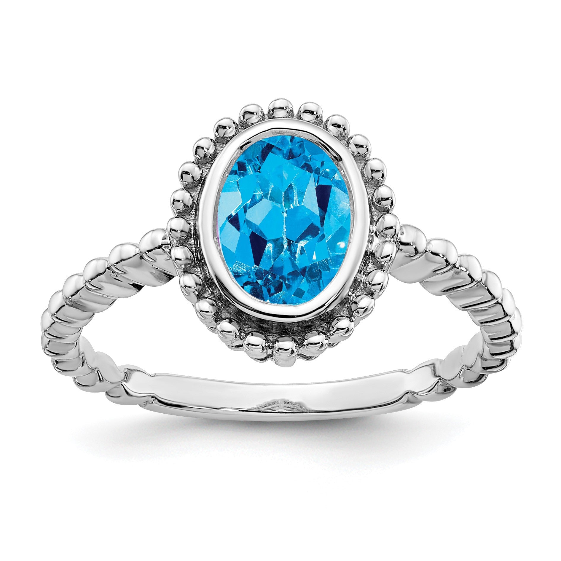 14k White Gold 8x6mm Oval Blue Topaz Bezel Ring