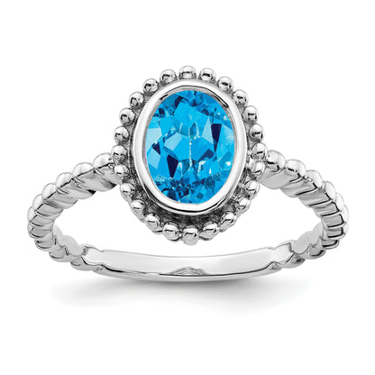 14k White Gold 8x6mm Oval Blue Topaz Bezel Ring