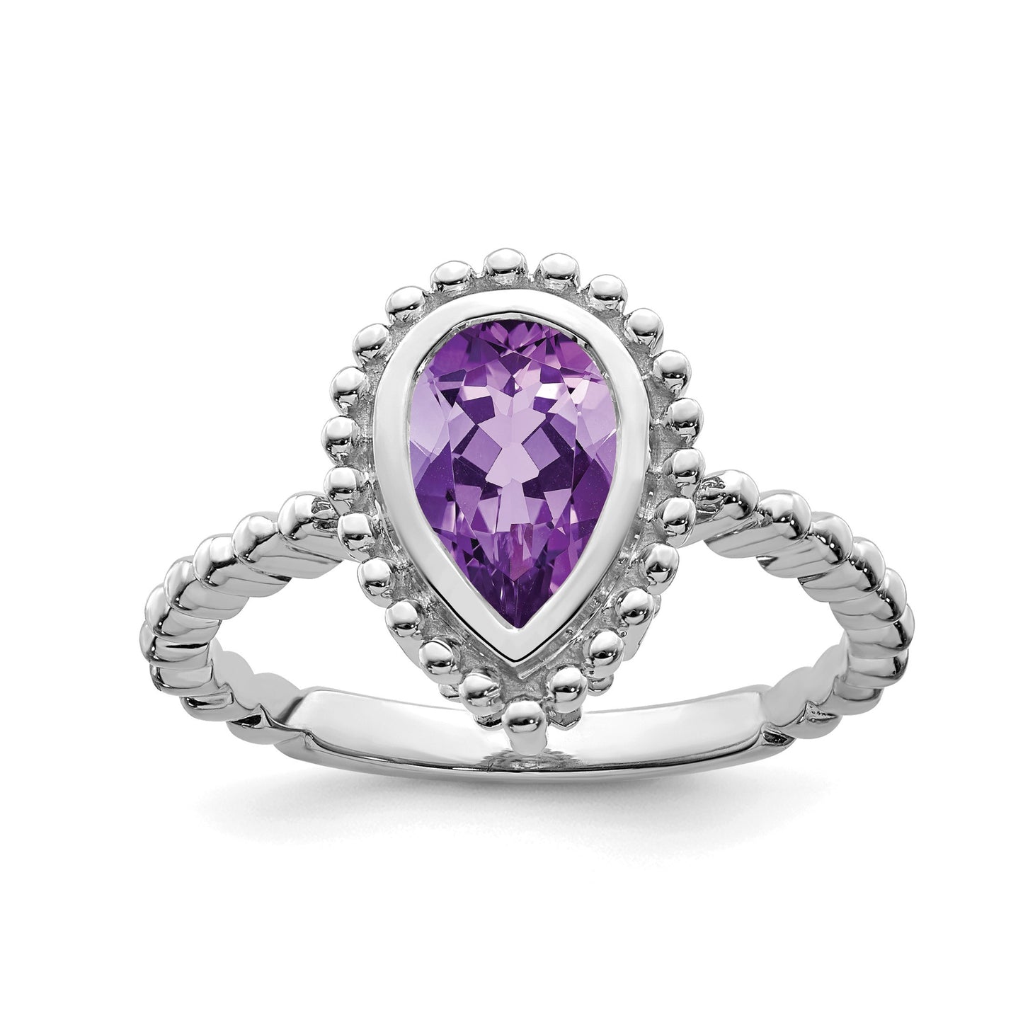 14k White Gold 9x6mm Pear Amethyst Bezel Ring