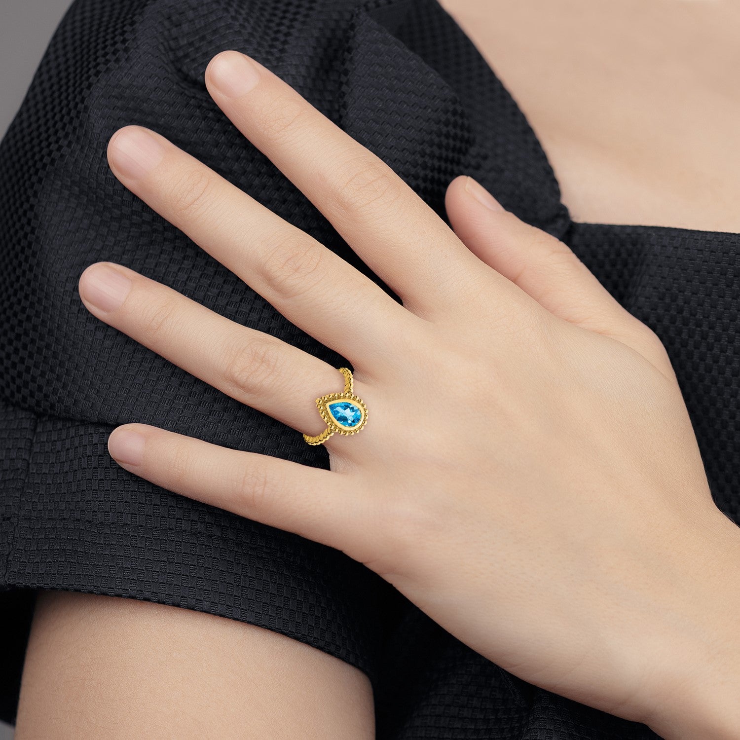 14k 9x6mm Pear Blue Topaz Bezel Ring