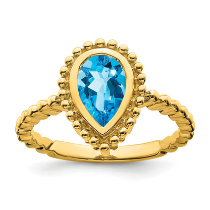 14k 9x6mm Pear Blue Topaz Bezel Ring