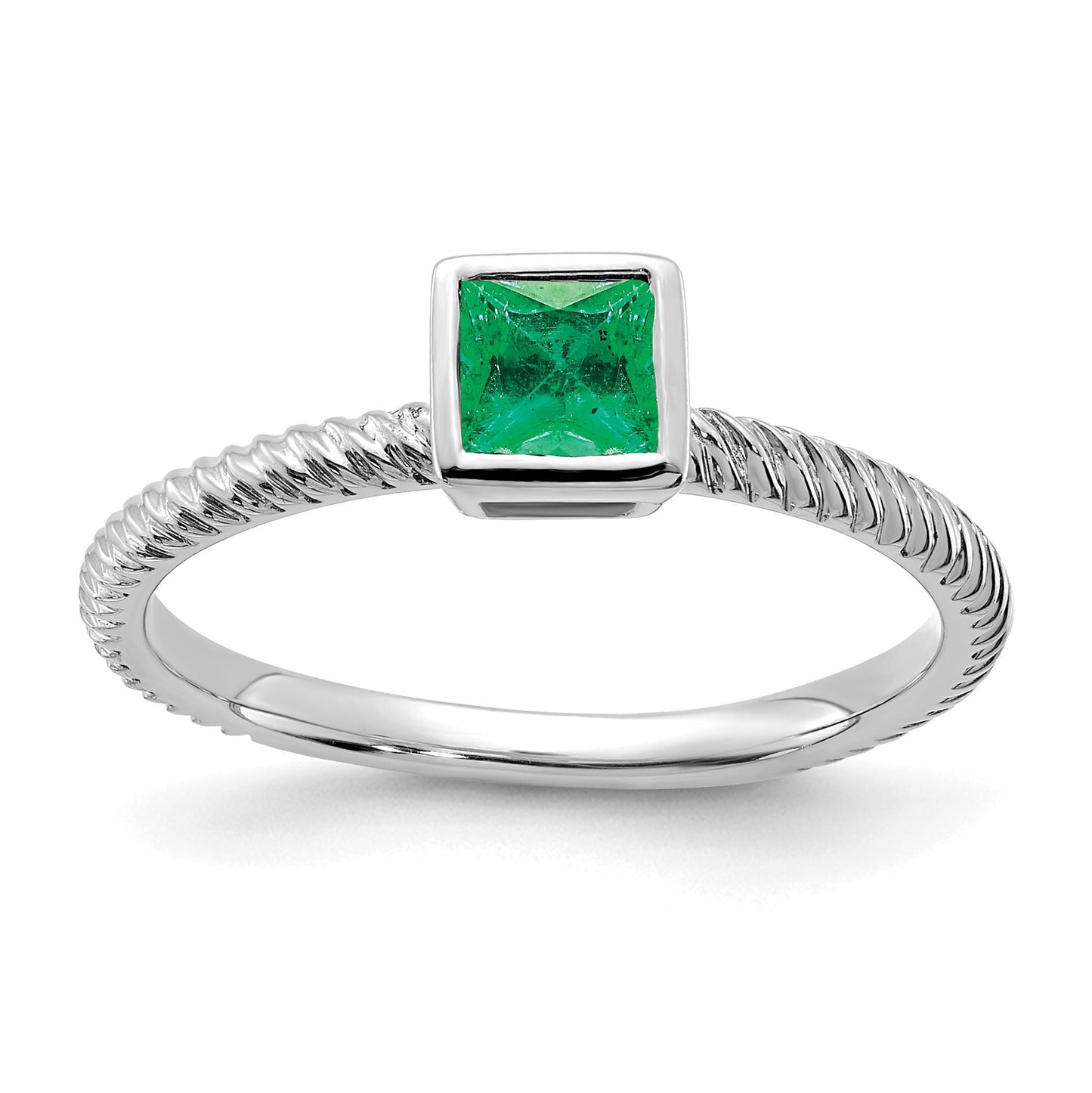 14k White Gold 4mm Square Bezel Emerald Ring