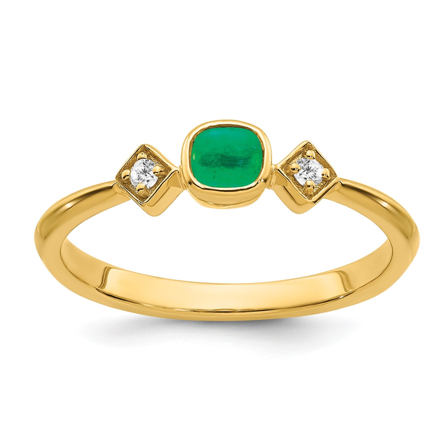 14k 3.3mm Cushion Emerald and 1/20 carat Diamond Ring